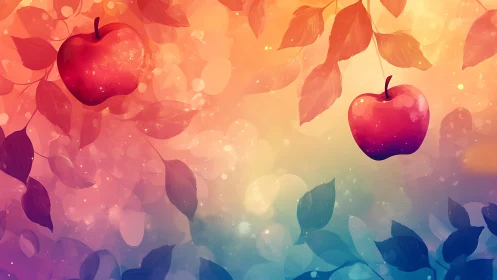 Vibrant gradient apple branches with bokeh-layered color fields