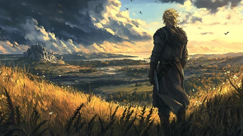 Cloaked figure observing distant stone fortress at sunset.