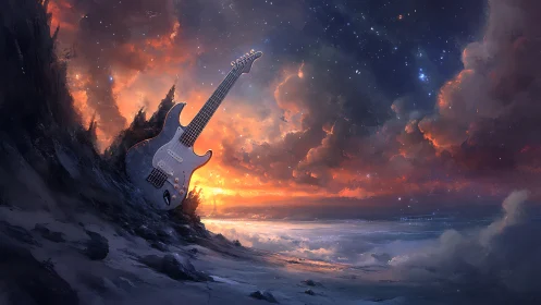 Electric guitar rests in a cosmic seascape at burning dusk