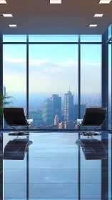 High-rise office interior with panoramic city skyline view.