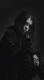 Monochrome seated figure with dark clothing and tattoos.