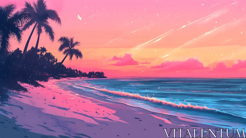 Digital shoreline scene depicts tropical coast at sunset