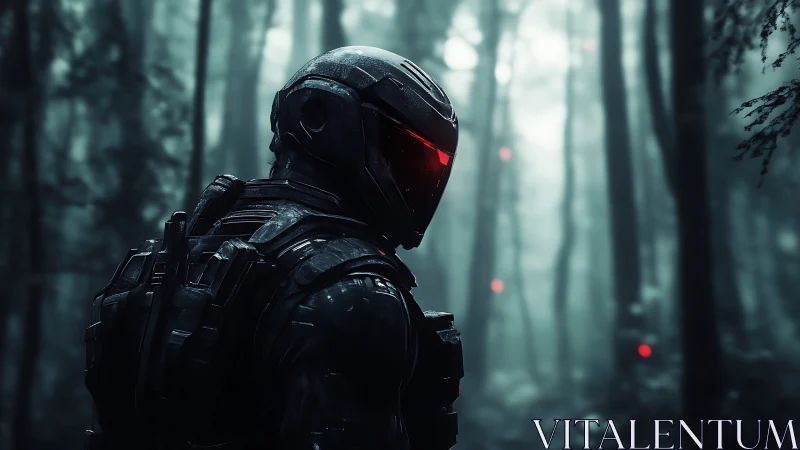 Armored cyber soldier scans a misty forest for hidden threats