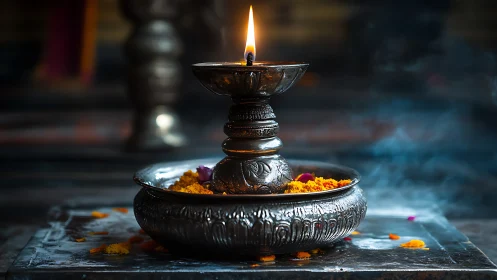 Temple brass oil lamp glows over marigold offerings.