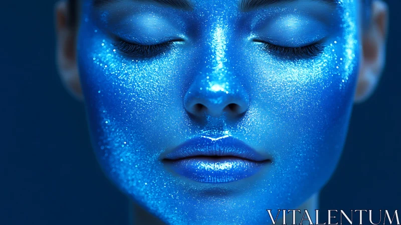 Metallic blue face portrait shows glittered closed eyes