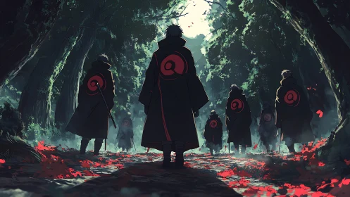 Cloaked warriors advance through a moonlit, misty forest path