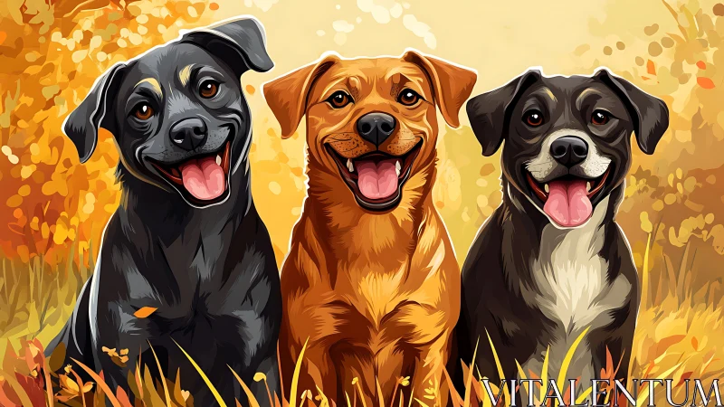 Triadic canine portrait uses stylized shading and autumn color depth