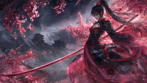 Samurai warrior stands resolved amid stormlit cherry blossoms