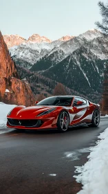 Crimson supercar slices through icy mountain silence