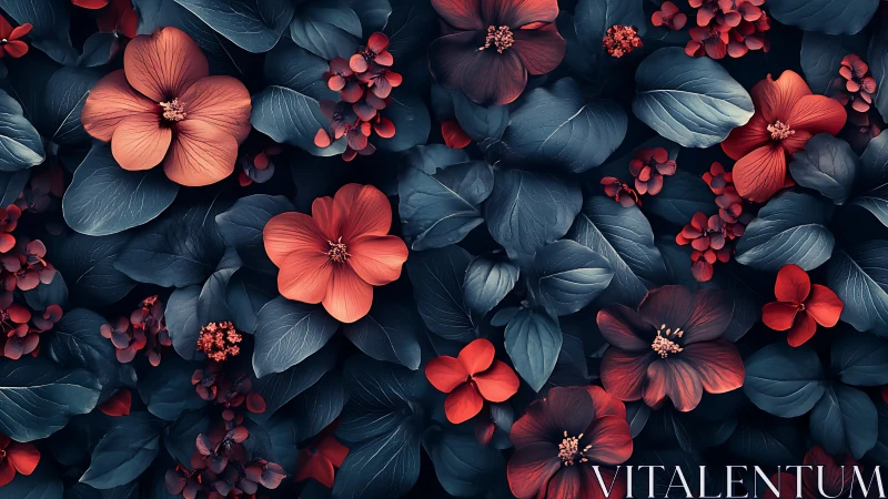 Complex botanical arrangement combining coral and crimson florals with deep teal foliage layering