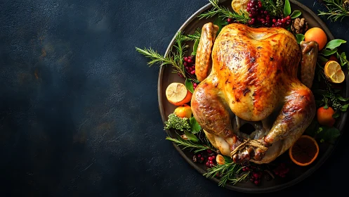 Golden roasted chicken plated with citrus, berries and herbs.