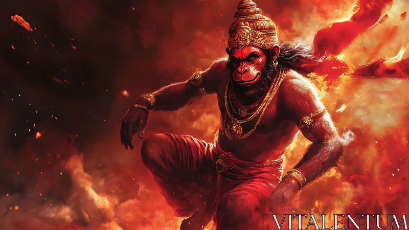 Fiery warrior monkey-god storms through blazing celestial inferno.