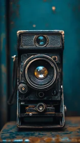 Vintage box camera stands against moody teal backdrop