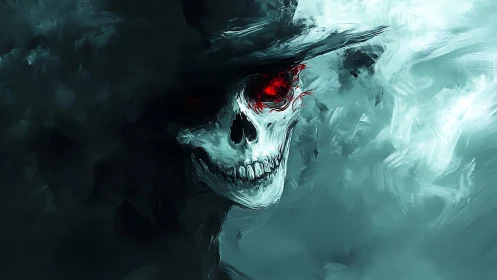 Skull with red eye sockets emerging from diffuse mist.