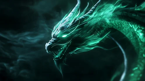 Emerald spirit dragon coils through shadowed storming mist