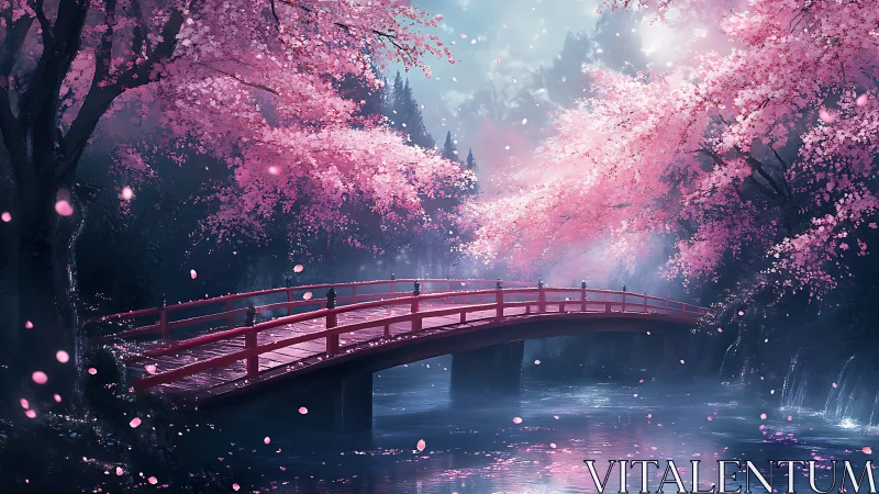 Dreamy cherry blossom bridge over a quiet blue river.