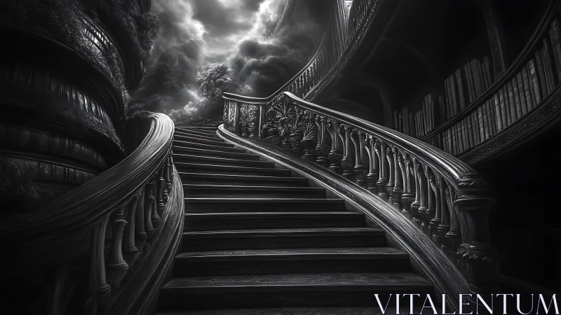 Monochrome baroque staircase ascends toward storm-lit clouds