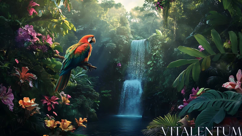 Scarlet macaw perches before misted jungle waterfall in diffused light