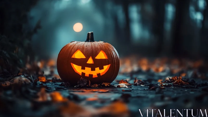 Jack-o’-lantern grins boldly through the misty forest hush