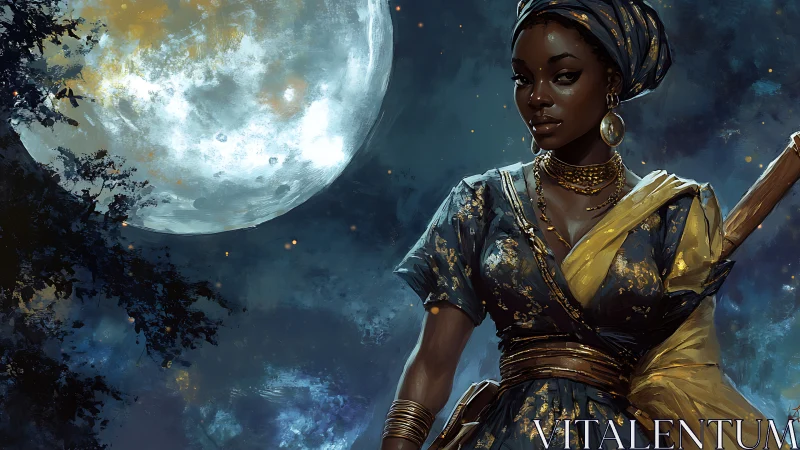 Moonlit warrior queen gazes forward beneath glowing skies.