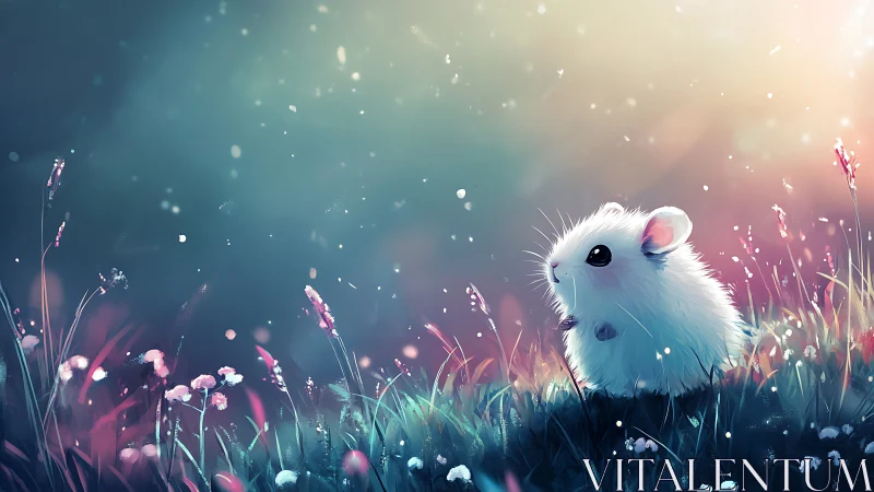 Twilight meadow mouse drifts through pastel spark and hush.