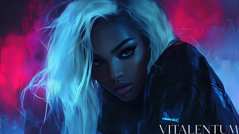 Electric neon portrait captures a fierce, enigmatic gaze