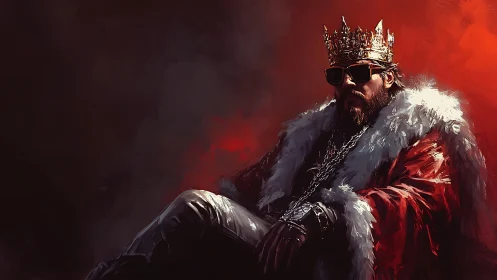 Regal king in shades relaxes under a moody crimson glow