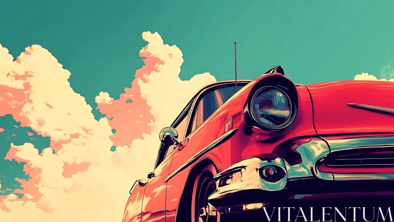 Retro red classic car glows beneath a bold summer sky