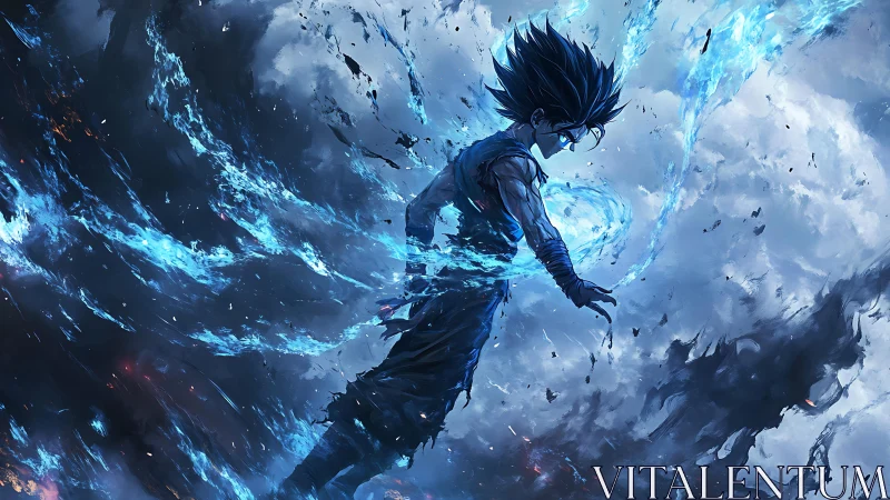 Blue energy warrior ascends through storm-torn sky.