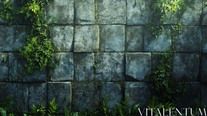 Ancient stone wall fades under creeping green foliage.