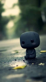 Small matte figure on wet pavement in shallow focus scene.