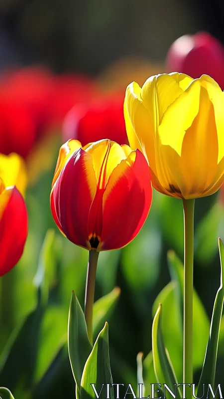 Vibrant Tulip Garden Blooms in Spring Sunlight.