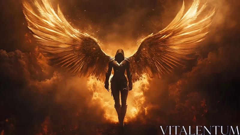 Armored seraph strides through embers with molten wings spread.