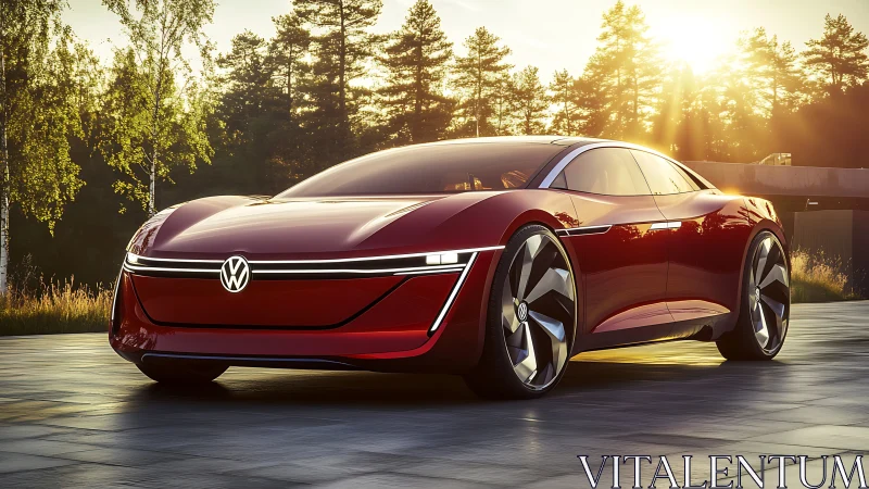 Photorealistic electric concept coupe in sunset environment.