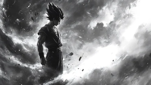 Monochrome anime warrior in swirling cosmic stormscape.