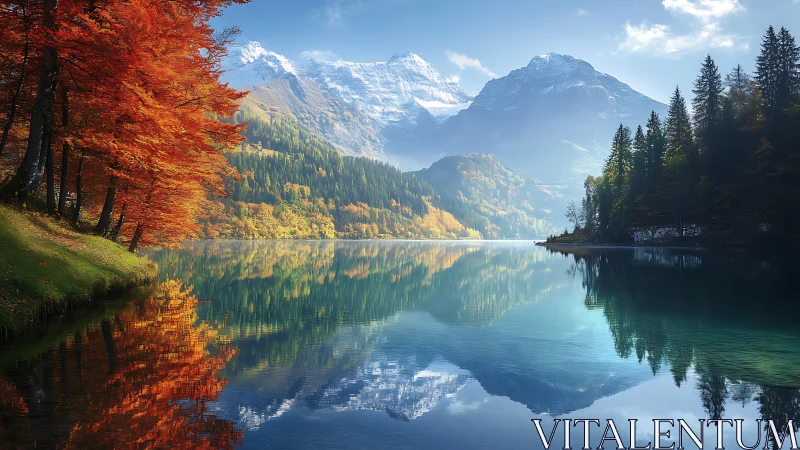 Calm mountain lake with autumn forest and snowy peaks.