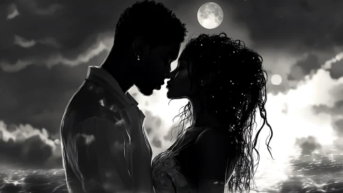 Silhouetted Couple Amid Lunar Illumination Against Tempestuous Sky.