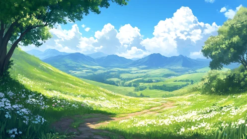 Sunlit valley path drifting toward daydream-blue mountains.