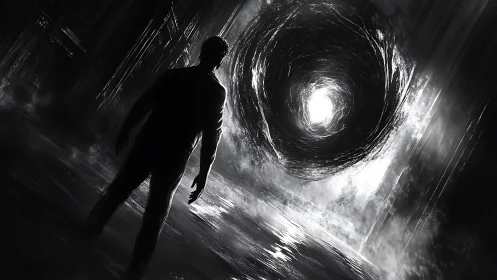 A lone wanderer approaches a swirling portal of stark light