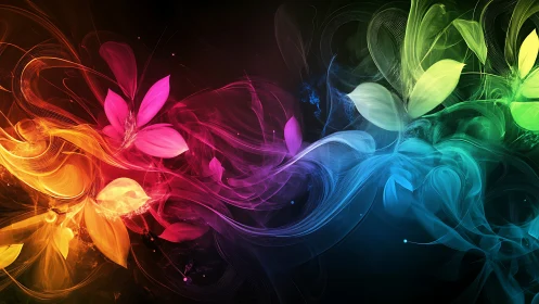 Flowing rainbow petals drift through glowing night color.