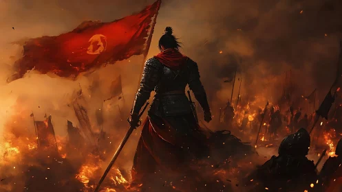 Warlord with red banner commands burning battlefield.