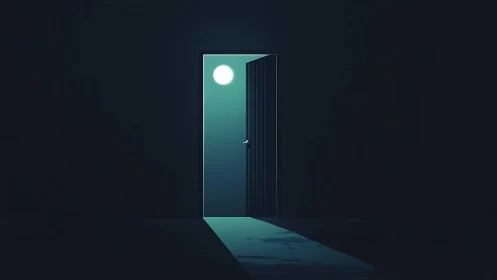 Moonlit doorway cuts sharp cyan path through darkness.