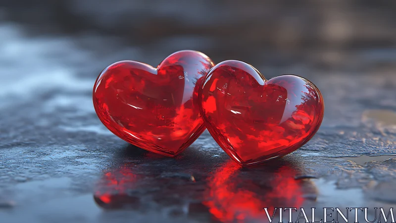 Twin Red Hearts Resting on Wet Stone Surface.