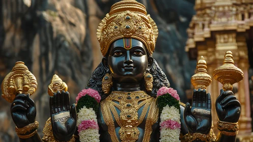 Radiant black stone deity statue glows with gold and flowers