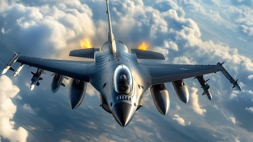 Fighter jet cuts through stormy clouds with blazing afterburners.