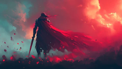 Crimson wanderer strides through storm-torn skyfire horizon