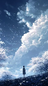 Solitary figure gazes at drifting clouds above cherry trees