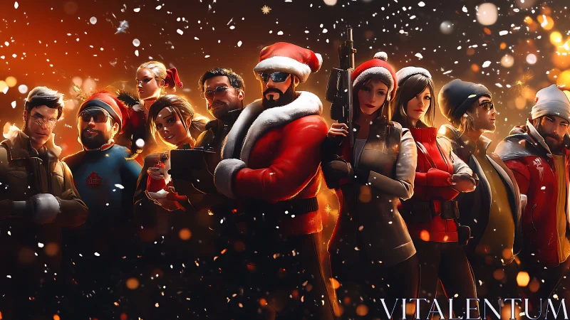 Holiday strike team glows in cinematic snowfall blaze.