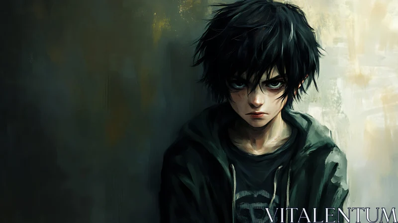 Brooding teen in a hoodie against a moody painted wall.