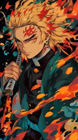 Flame-wreathed anime swordsman stands ready in fiery aura.